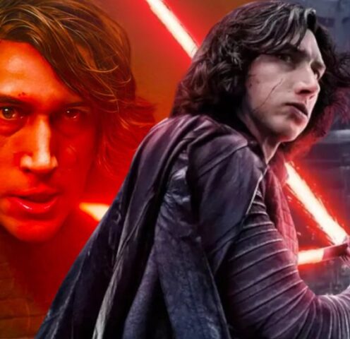 Adam Driver as Kylo Ren standing under dim red lighting with a lightsaber, symbolizing The Hunt for Ben Solo — a rejected Star Wars sequel concept.