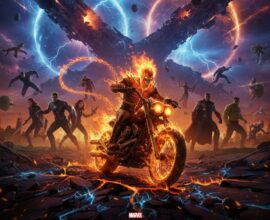 Cinematic Ghost Rider with flaming skull and motorcycle, charging through a fiery battlefield in Avengers: Doomsday poster-style artwork