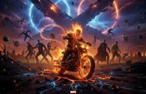 Cinematic Ghost Rider with flaming skull and motorcycle, charging through a fiery battlefield in Avengers: Doomsday poster-style artwork