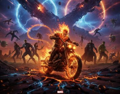 Cinematic Ghost Rider with flaming skull and motorcycle, charging through a fiery battlefield in Avengers: Doomsday poster-style artwork