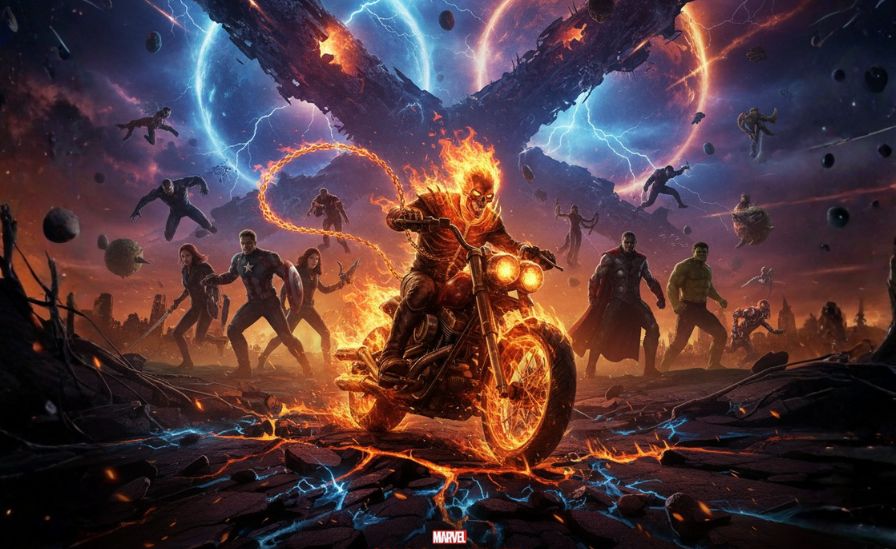 Cinematic Ghost Rider with flaming skull and motorcycle, charging through a fiery battlefield in Avengers: Doomsday poster-style artwork