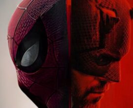 Close-up of Daredevil's cowl, with the dual identities of Martin Li and Mister Negative reflected in his lenses, and Spider-Man swinging in the background.