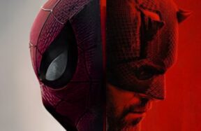 Close-up of Daredevil's cowl, with the dual identities of Martin Li and Mister Negative reflected in his lenses, and Spider-Man swinging in the background.