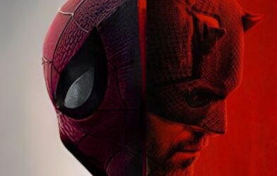 Close-up of Daredevil's cowl, with the dual identities of Martin Li and Mister Negative reflected in his lenses, and Spider-Man swinging in the background.