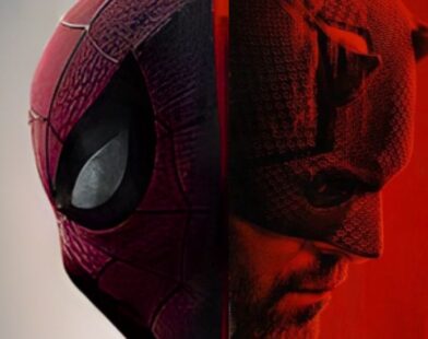 Close-up of Daredevil's cowl, with the dual identities of Martin Li and Mister Negative reflected in his lenses, and Spider-Man swinging in the background.