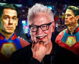 James Gunn and John Cena together at a press event, symbolizing Gunn’s praise for Cena as a true actor beyond his wrestling career