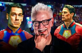 James Gunn and John Cena together at a press event, symbolizing Gunn’s praise for Cena as a true actor beyond his wrestling career