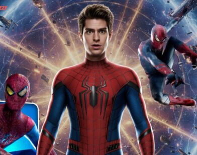 Andrew Garfield as Spider-Man standing in front of a multiverse portal, surrounded by glowing timelines and shattered universes, symbolizing his rumored return in Avengers: Secret Wars (2027) — cinematic lighting, epic Marvel tone — image ratio 16:9