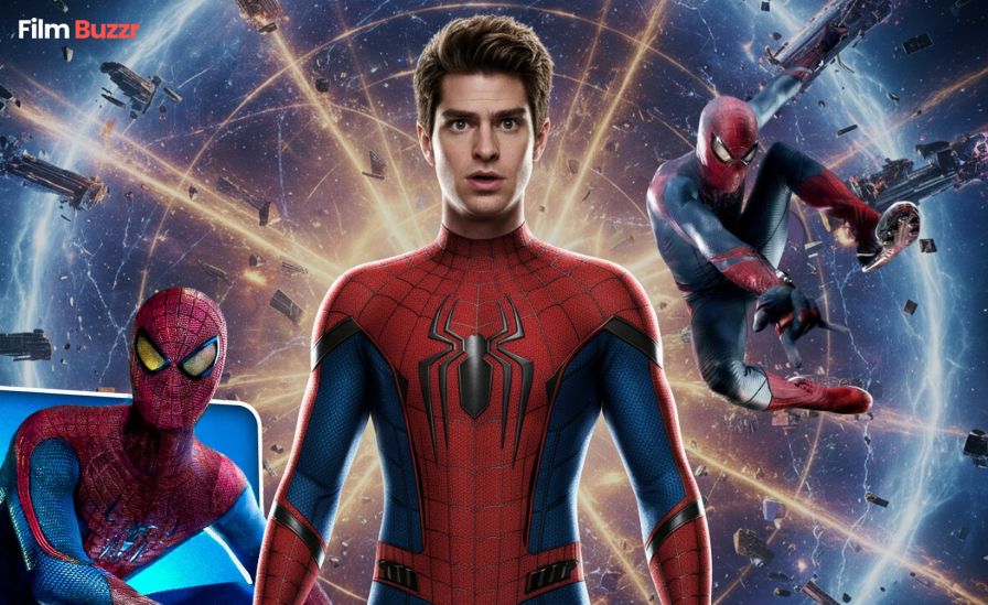 Andrew Garfield as Spider-Man standing in front of a multiverse portal, surrounded by glowing timelines and shattered universes, symbolizing his rumored return in Avengers: Secret Wars (2027) — cinematic lighting, epic Marvel tone — image ratio 16:9