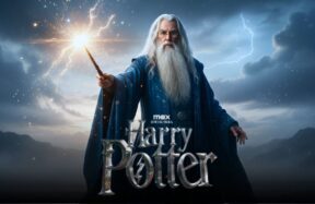 John Lithgow as Dumbledore standing on a misty shore, wearing a blue robe and casting a spell over the water in the new Harry Potter series