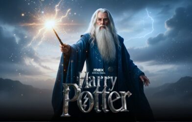 John Lithgow as Dumbledore standing on a misty shore, wearing a blue robe and casting a spell over the water in the new Harry Potter series