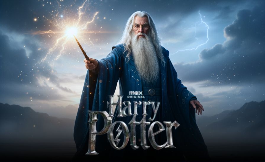 John Lithgow as Dumbledore standing on a misty shore, wearing a blue robe and casting a spell over the water in the new Harry Potter series