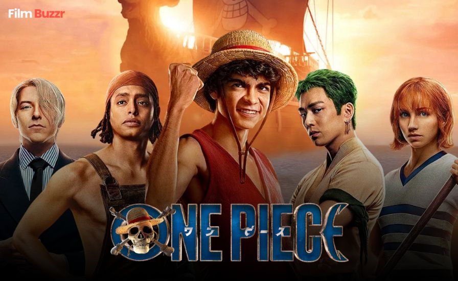 A cinematic digital painting of Luffy and the Straw Hat Pirates sailing on the Going Merry into the Grand Line at sunset, surrounded by glowing ocean waves and golden light, with each crew member in determined poses, symbolizing adventure and hope.