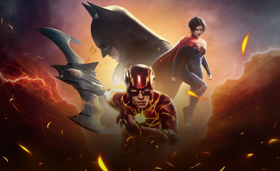 Ezra Miller as The Flash running through a lightning-filled multiverse scene from DC’s 2023 film The Flash, directed by Andy Muschietti, symbolizing the movie’s chaotic energy and box office downfall.