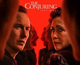 A dark, cinematic scene showing Ed and Lorraine Warren standing together in a candle-lit church, surrounded by shadowy crosses and mist, symbolizing their final confrontation with evil in The Conjuring: Last Rites.