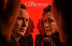 A dark, cinematic scene showing Ed and Lorraine Warren standing together in a candle-lit church, surrounded by shadowy crosses and mist, symbolizing their final confrontation with evil in The Conjuring: Last Rites.