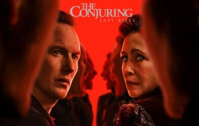 A dark, cinematic scene showing Ed and Lorraine Warren standing together in a candle-lit church, surrounded by shadowy crosses and mist, symbolizing their final confrontation with evil in The Conjuring: Last Rites.