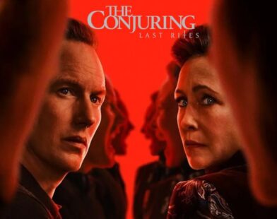 A dark, cinematic scene showing Ed and Lorraine Warren standing together in a candle-lit church, surrounded by shadowy crosses and mist, symbolizing their final confrontation with evil in The Conjuring: Last Rites.