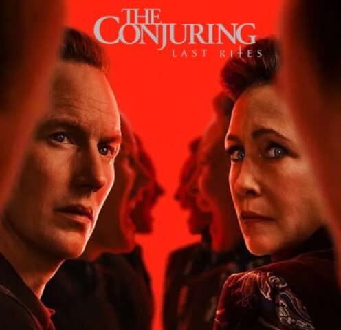 A dark, cinematic scene showing Ed and Lorraine Warren standing together in a candle-lit church, surrounded by shadowy crosses and mist, symbolizing their final confrontation with evil in The Conjuring: Last Rites.