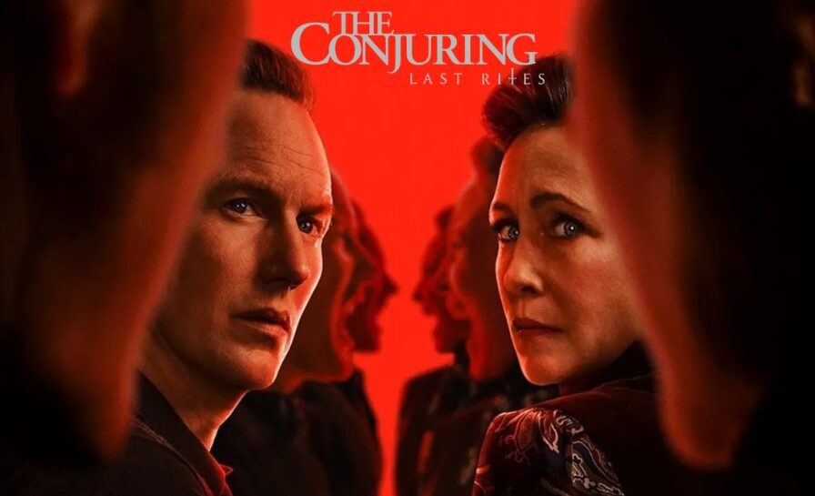 A dark, cinematic scene showing Ed and Lorraine Warren standing together in a candle-lit church, surrounded by shadowy crosses and mist, symbolizing their final confrontation with evil in The Conjuring: Last Rites.