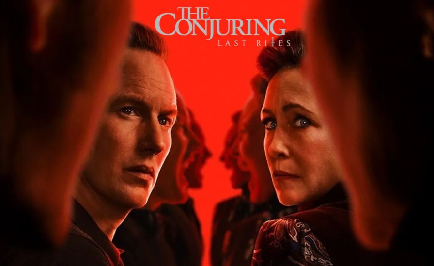 A dark, cinematic scene showing Ed and Lorraine Warren standing together in a candle-lit church, surrounded by shadowy crosses and mist, symbolizing their final confrontation with evil in The Conjuring: Last Rites.