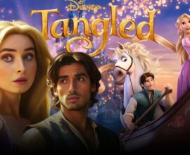 First look concept art of Disney’s live-action Tangled movie featuring Rapunzel with glowing golden hair in a tall tower, inspired by the animated classic.