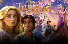First look concept art of Disney’s live-action Tangled movie featuring Rapunzel with glowing golden hair in a tall tower, inspired by the animated classic.