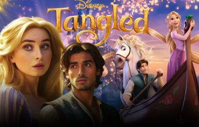 First look concept art of Disney’s live-action Tangled movie featuring Rapunzel with glowing golden hair in a tall tower, inspired by the animated classic.