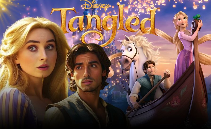 First look concept art of Disney’s live-action Tangled movie featuring Rapunzel with glowing golden hair in a tall tower, inspired by the animated classic.