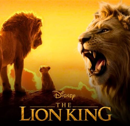 Concept art showing Simba’s Pride and the Pride Lands from Disney’s upcoming Lion King movie sequel — cinematic sunset view with lion silhouettes.