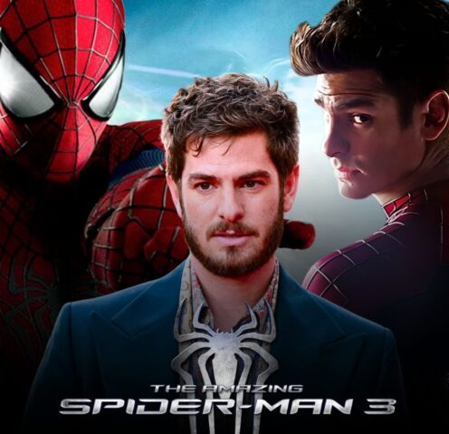 Concept poster showing Andrew Garfield as Spider-Man, featuring two versions of his Spider-Man suit from The Amazing Spider-Man films, with a cinematic background hinting at The Amazing Spider-Man 3.