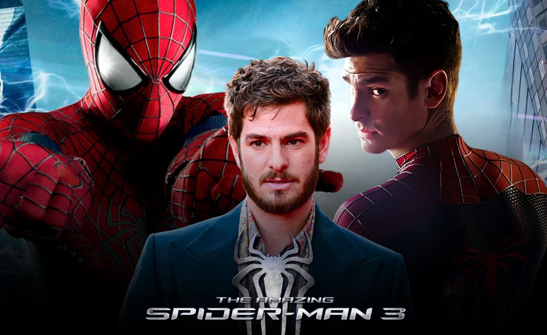 Concept poster showing Andrew Garfield as Spider-Man, featuring two versions of his Spider-Man suit from The Amazing Spider-Man films, with a cinematic background hinting at The Amazing Spider-Man 3.