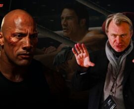 Dwayne Johnson as Mark Kerr in The Smashing Machine, looking intense and emotional in a dark, cinematic MMA setting