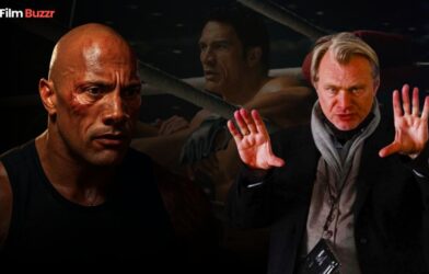 Dwayne Johnson as Mark Kerr in The Smashing Machine, looking intense and emotional in a dark, cinematic MMA setting