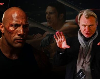 Dwayne Johnson as Mark Kerr in The Smashing Machine, looking intense and emotional in a dark, cinematic MMA setting