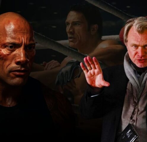 Dwayne Johnson as Mark Kerr in The Smashing Machine, looking intense and emotional in a dark, cinematic MMA setting