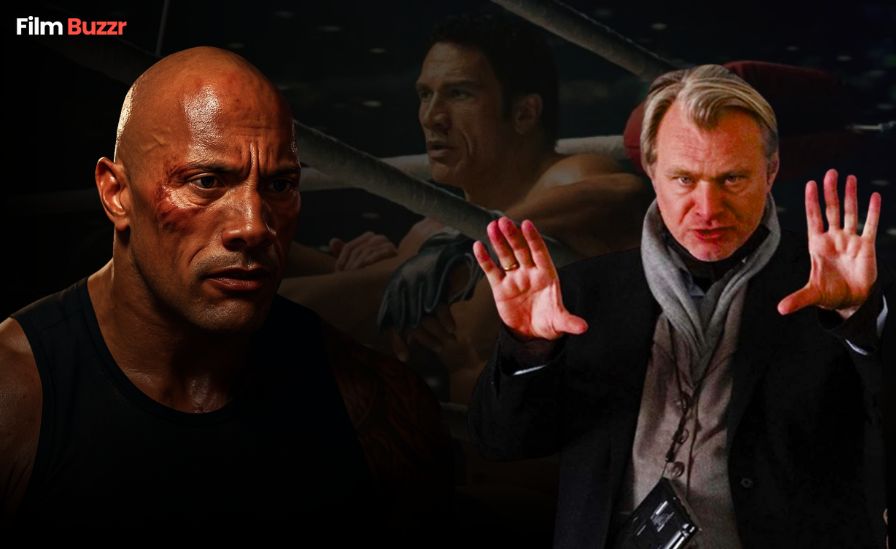 Dwayne Johnson as Mark Kerr in The Smashing Machine, looking intense and emotional in a dark, cinematic MMA setting