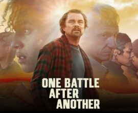 Leonardo DiCaprio yelling into a payphone in Paul Thomas Anderson’s One Battle After Another, dramatic scene from Warner Bros. 2025 film, highlighting the movie’s intensity and award buzz despite financial loss.