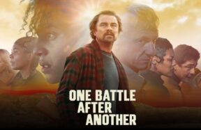 Leonardo DiCaprio yelling into a payphone in Paul Thomas Anderson’s One Battle After Another, dramatic scene from Warner Bros. 2025 film, highlighting the movie’s intensity and award buzz despite financial loss.