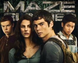 A cinematic digital artwork showing a group of young survivors running through a massive futuristic maze at sunset, surrounded by tall concrete walls, glowing lights, and mist — inspired by The Maze Runner movie atmosphere, realistic and dramatic style, no text.