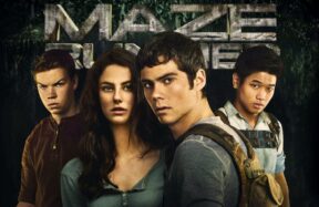 A cinematic digital artwork showing a group of young survivors running through a massive futuristic maze at sunset, surrounded by tall concrete walls, glowing lights, and mist — inspired by The Maze Runner movie atmosphere, realistic and dramatic style, no text.