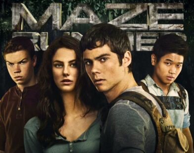 A cinematic digital artwork showing a group of young survivors running through a massive futuristic maze at sunset, surrounded by tall concrete walls, glowing lights, and mist — inspired by The Maze Runner movie atmosphere, realistic and dramatic style, no text.