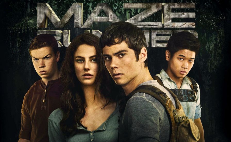 A cinematic digital artwork showing a group of young survivors running through a massive futuristic maze at sunset, surrounded by tall concrete walls, glowing lights, and mist — inspired by The Maze Runner movie atmosphere, realistic and dramatic style, no text.