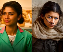 A digital composite image showing Zendaya in two contrasting movie roles — on the left, dressed in a vintage teal uniform with styled hair, and on the right, in a sci-fi desert costume with blue eyes and a nose filter device, representing her range from drama to futuristic action films.