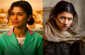 A digital composite image showing Zendaya in two contrasting movie roles — on the left, dressed in a vintage teal uniform with styled hair, and on the right, in a sci-fi desert costume with blue eyes and a nose filter device, representing her range from drama to futuristic action films.
