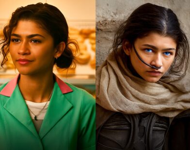 A digital composite image showing Zendaya in two contrasting movie roles — on the left, dressed in a vintage teal uniform with styled hair, and on the right, in a sci-fi desert costume with blue eyes and a nose filter device, representing her range from drama to futuristic action films.