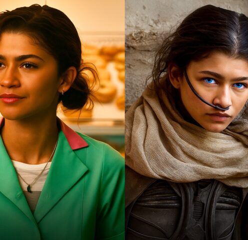 A digital composite image showing Zendaya in two contrasting movie roles — on the left, dressed in a vintage teal uniform with styled hair, and on the right, in a sci-fi desert costume with blue eyes and a nose filter device, representing her range from drama to futuristic action films.