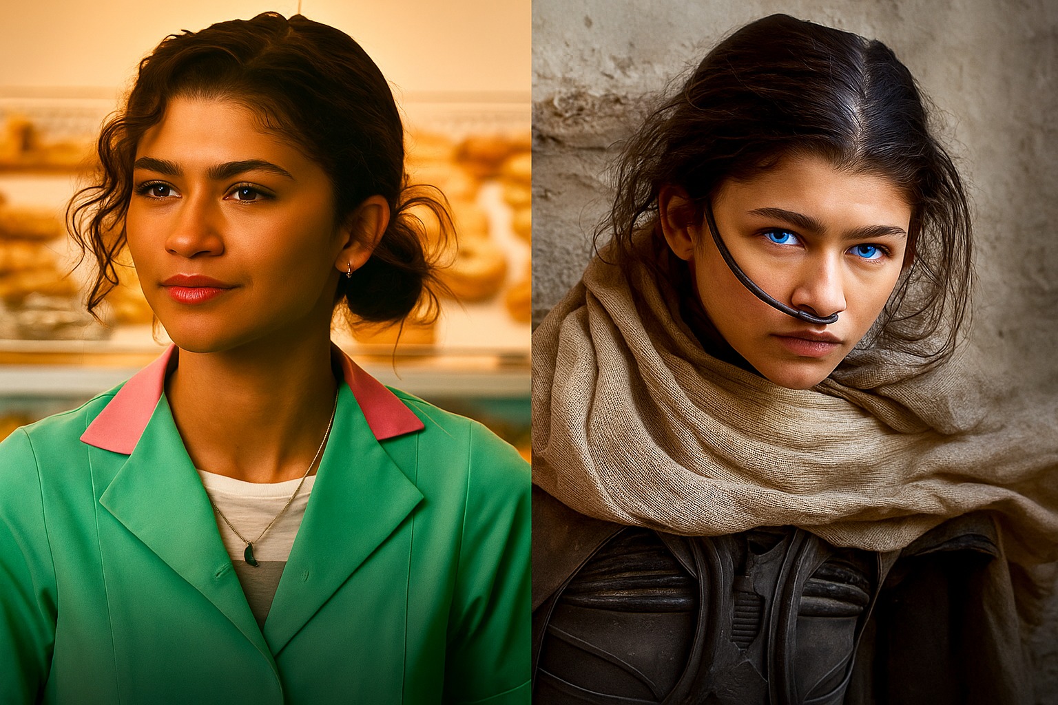 A digital composite image showing Zendaya in two contrasting movie roles — on the left, dressed in a vintage teal uniform with styled hair, and on the right, in a sci-fi desert costume with blue eyes and a nose filter device, representing her range from drama to futuristic action films.