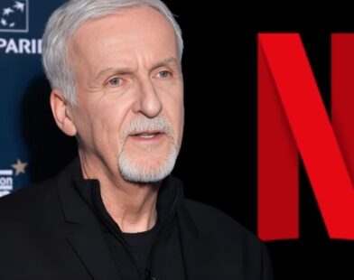 Cameron looking thoughtful or at a movie set, with Netflix logo subtly overlaid.