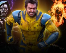 Fan-made Marvel artwork featuring Wolverine in his yellow suit charging forward, with Doctor Doom on the left and Ghost Rider with his flaming skull on the right, symbolizing epic Marvel characters possibly returning to the MCU.